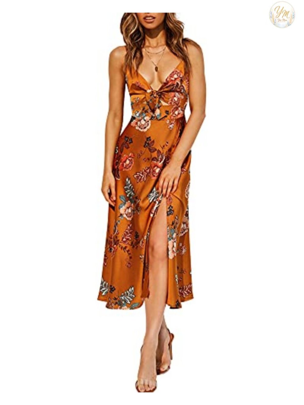 Spaghetti Strap Satin Midi Dress Tie Front Slit Cutout A-Line